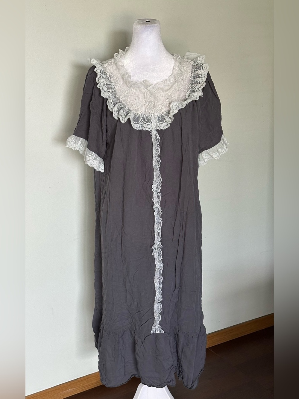 Dolls Vintage Styled Lace Trim Nightgown in Light Gray- Women’s Cozy Essentials